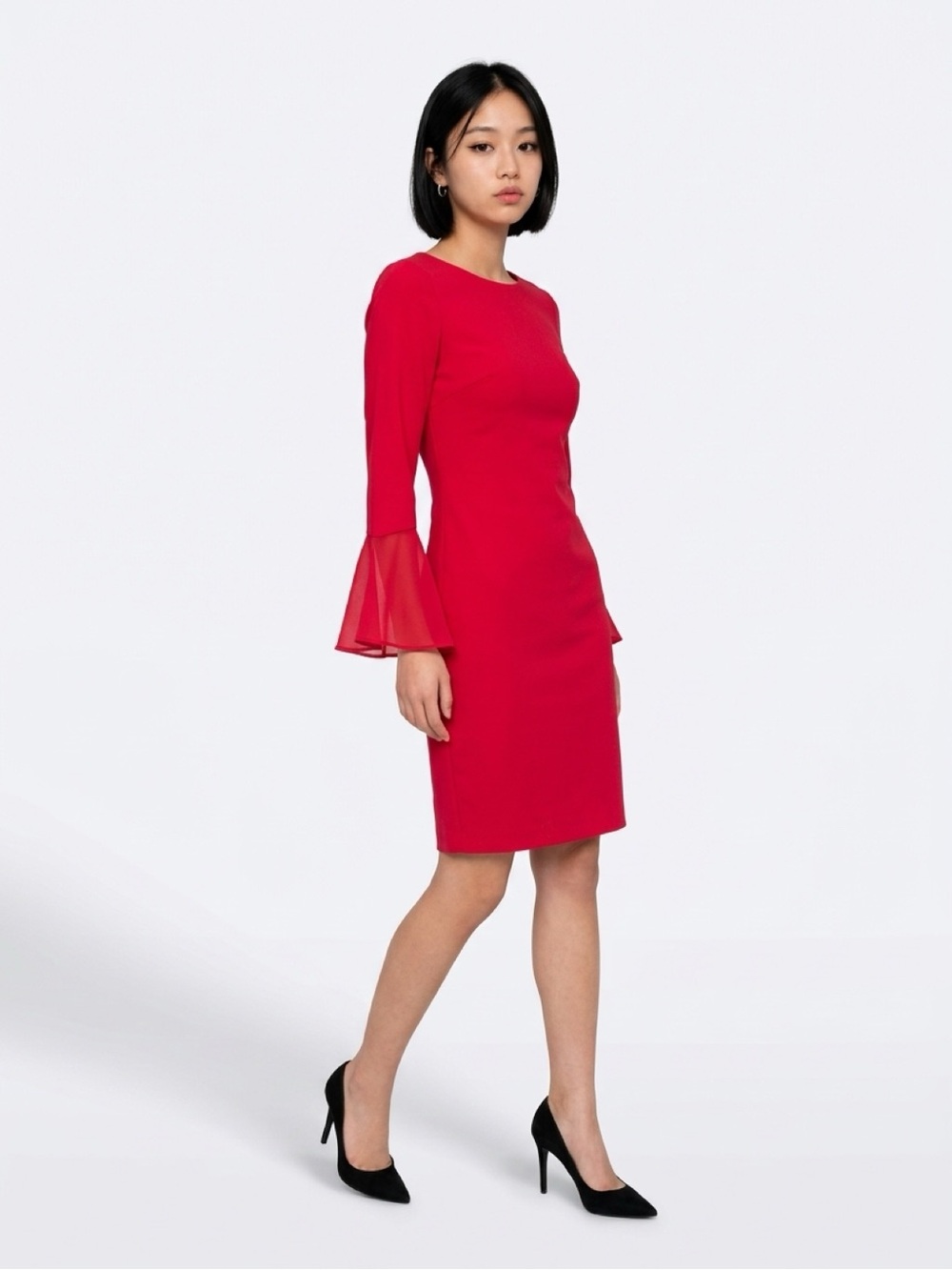 Red Bell-Sleeve Sheath Dress